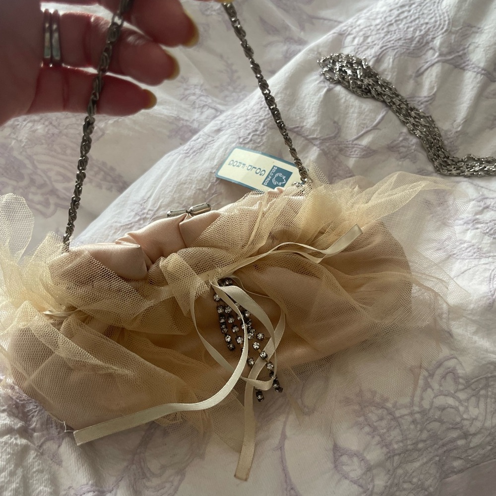 Elegant Beige Silk and Tulle East West Clutch with Chain
